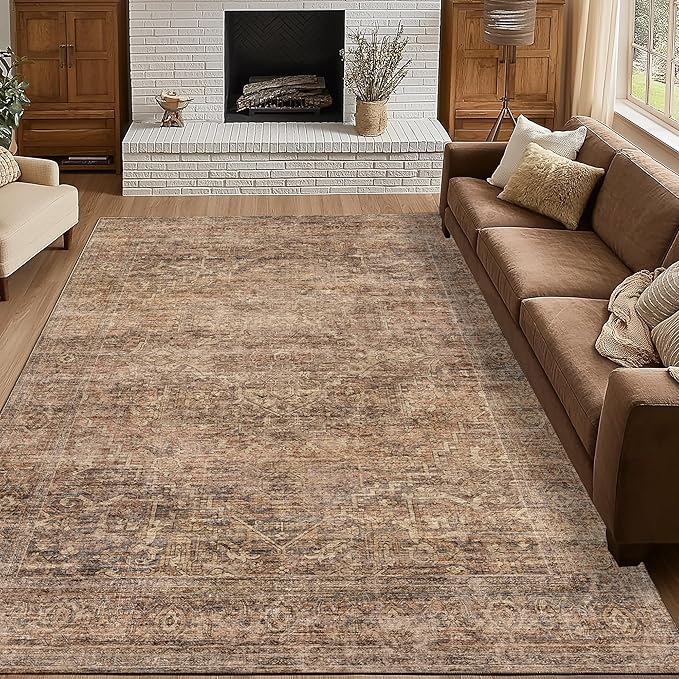 FMFUNCTEX 5x7 Washable Area Rug Neutral Vintage Rust Brown Distressed Non Slip Low Pile Traditional Indoor Carpet for Living Room Bedroom Soft Retro Throw Rug for Dining Office Kitchen Dorm Entryway