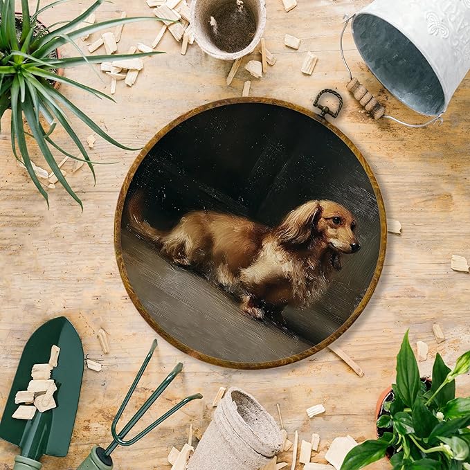 Hiuwevt Vintage Dachshund Round Wall Art Decor, Dachshund Doxie Gifts for Women Framed Canvas Prints, Rustic Weiner Dog Round Wall Hanging Decor for Home Bedroom Living Room Decorations, 10x10 Inches