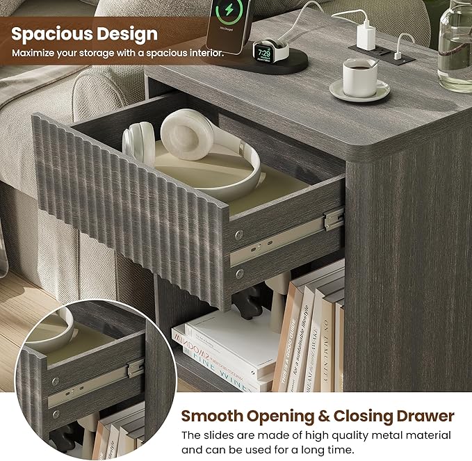 Fluted Nightstand Set of 2 with Charging Station, 21.7" Wide Modern Bedside Table with 1 Drawers Open Storage Cabinet, Wooden End Table for Bedroom,Gray