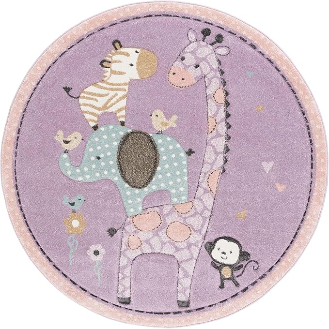 SAFAVIEH Carousel Kids Collection Area Rug - 5'3" Round, Purple, Animal Design, Easy Care & Non-Shedding, Ideal for High Traffic Areas for Boys & Girls in Playroom, Nursery (CRK120V-5R)