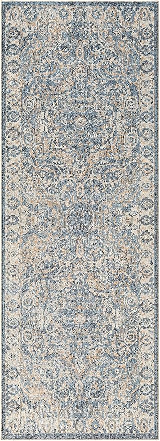Mark&Day Washable Rugs, 3x7 Elsmore Traditional Navy Blue Runner Area Rug, Ivory Orange Carpet for Hallway, Kitchen, Bedroom or Living Room (2'7" x 7'3" Runner, Machine Washable)