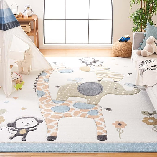 SAFAVIEH Carousel Kids Collection Area Rug - 9' x 12', Ivory, Animal Design, Non-Shedding & Easy Care, Ideal for High Traffic Areas for Boys & Girls in Playroom, Nursery, Bedroom (CRK120A)