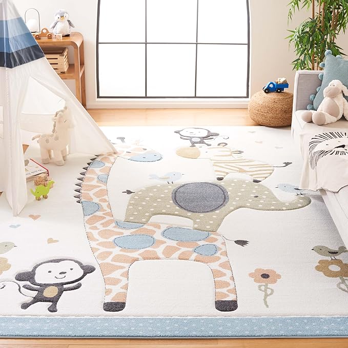 SAFAVIEH Carousel Kids Collection Area Rug - 10' x 14', Ivory, Animal Design, Non-Shedding & Easy Care, Ideal for High Traffic Areas for Boys & Girls in Playroom, Nursery, Bedroom (CRK120A)