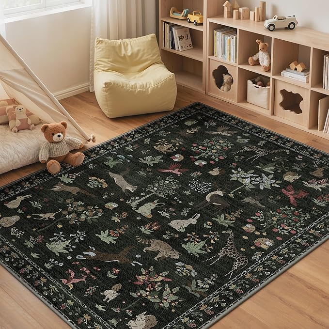 Rugs for Living Room 5x7 Floral Animal Print Area Rug Machine Washable Rug, Non Slip Low Pile Carpet for Bedroom, Entryway, Dark Green