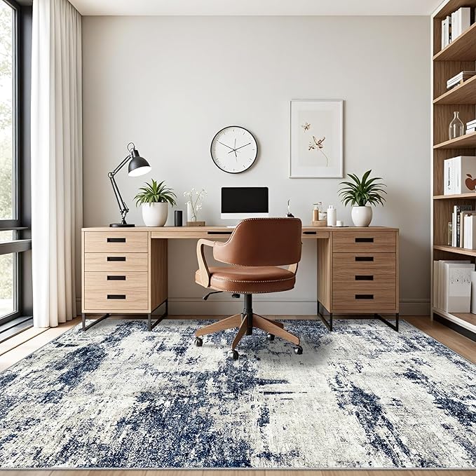 Area Rug Living Room Rugs: 5x7 Washable Rug with Anti-Slip Backing Non-Shedding Stain-Resistant Foldable Modern Abstract Carpet for Bedroom Dining Room Nursery Home Office - Gray/Blue