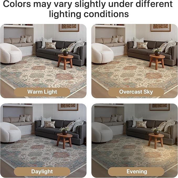 GENIMO Vintage Area Rug 6x9, Boho Living Room Rug with Non-Slip Backing, Machine Washable Low Pile Indoor Carpet for Bedroom, Dining Room, Nursery Room, Teal&Red