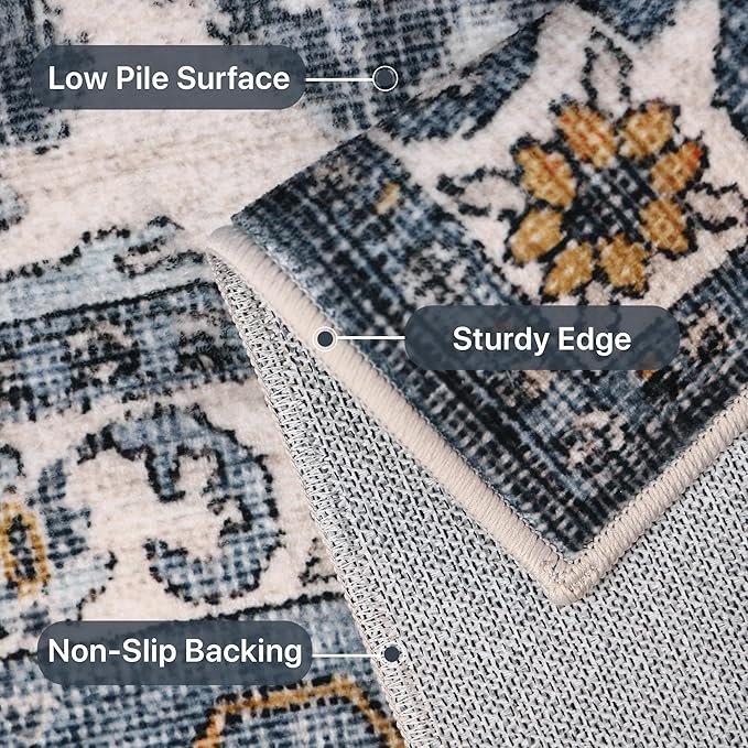 GENIMO Hallway Rug, Machine Washable Runner Rug 2'6''x10', Vintage Kitchen Runner Non Slip, Ultra-Thin Low Pile Soft Woven Fiber Carpet for Entryway, Corridor, Laundry, Blue Black