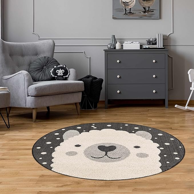Hauteloom Kids Room, Nursery Round Area Rug - Outdoor Patio Safe - Animal Baby Elephant Playroom Carpet - Beige, Gray, Black, Cream - 7'10"