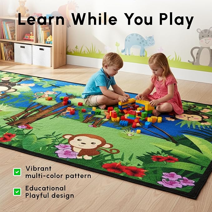 SAFECASTLE Kids Carpet Monkey Jungle Rug – Monkeying Around 4’4” x 5’6” – Educational Play Rug with Monkeys, Flowers & Trees – Fun Area Rug for Playrooms & Classrooms – Durable Nylon Seating Carpet