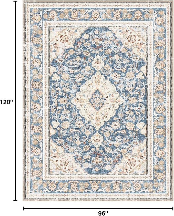 Vhong Boho Area Rugs Vintage Washable Modern Neutral Large Carpet Blue 8×10 High Traffic Rugs for Dinning Room Living Room Bedroom Farmhouse Non Slip