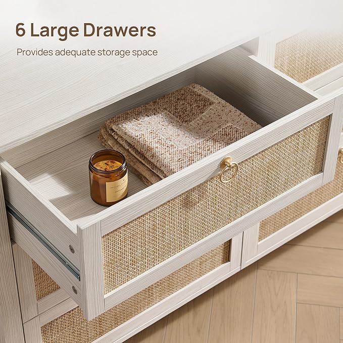 SICOTAS Rattan 6 Drawer Dresser for Bedroom : 2 Pieces 51" Wide Dressers Chest of Drawers Cabinet for Closet with Larger Storage, Boho Dressers TV Stand for Living Room, Hallway (White Cream Oak)