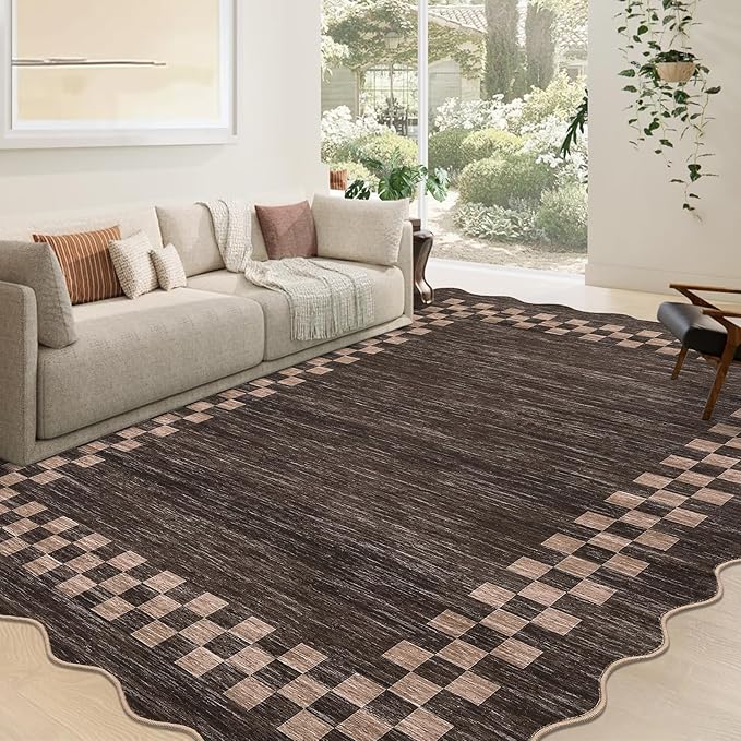 GarveeHome Area Rug 6x9 Large Living Room Modern Border Throw Rug with Rubber Backing Stain Resistant Dining Room Throw Carpet Washable Scalloped Rug for Bedroom Home Decor Office, Brown