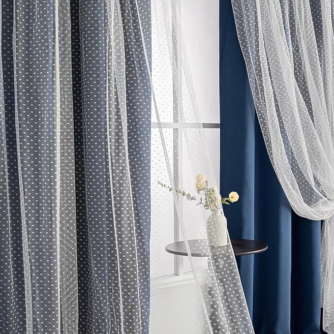 MYSKY HOME Navy Blue Blackout Curtains for Girls Bedroom & Nursery Kids Cute Curtains Double Layer with Polka Dots Sheer, Grommet Tops, 52x84 Inch Each Panel, 2 Panels