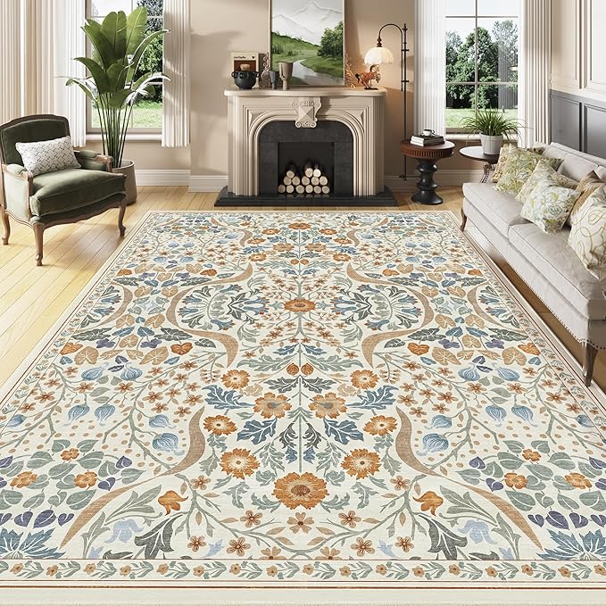 8x10 Floral Washable Area Rug for Living Room, Non-Slip Soft Vintage Boho Carpet, Botanical Forest Beige Low Pile Rugs for Bedroom, Dinning Room, Home Office, Dorm, Nursery, Beige