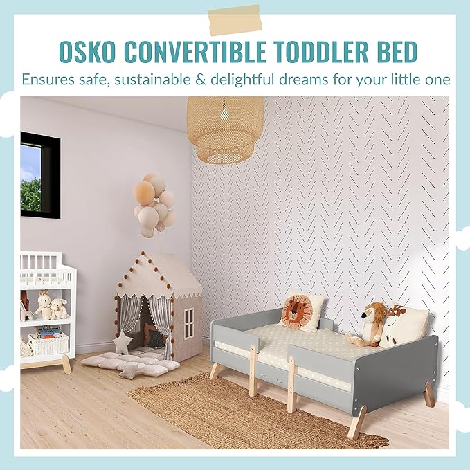 Dream On Me Osko Convertible Toddler Bed Made with Sustainable New Zealand Pinewood in Grey, JPMA & Greenguard Gold Certified, Non-Toxic Finish