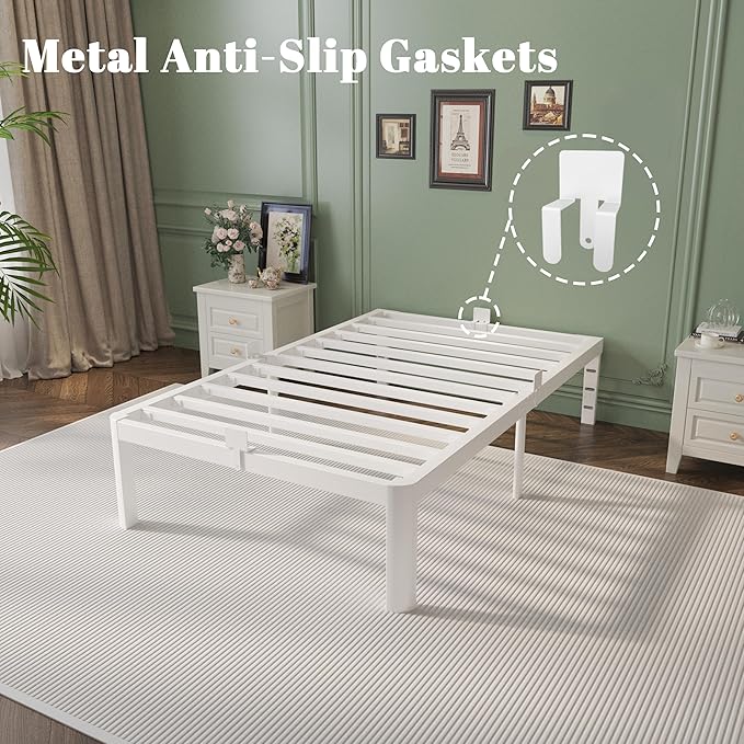 14 Inch Twin Bed Frames with Metal Gaskets, White Bed Frame Twin Size No Box Spring Needed, Heavy Duty Steel Platform Supprt, Rounded Corner Legs, Reserved Holes, Noise Free, Storage Space