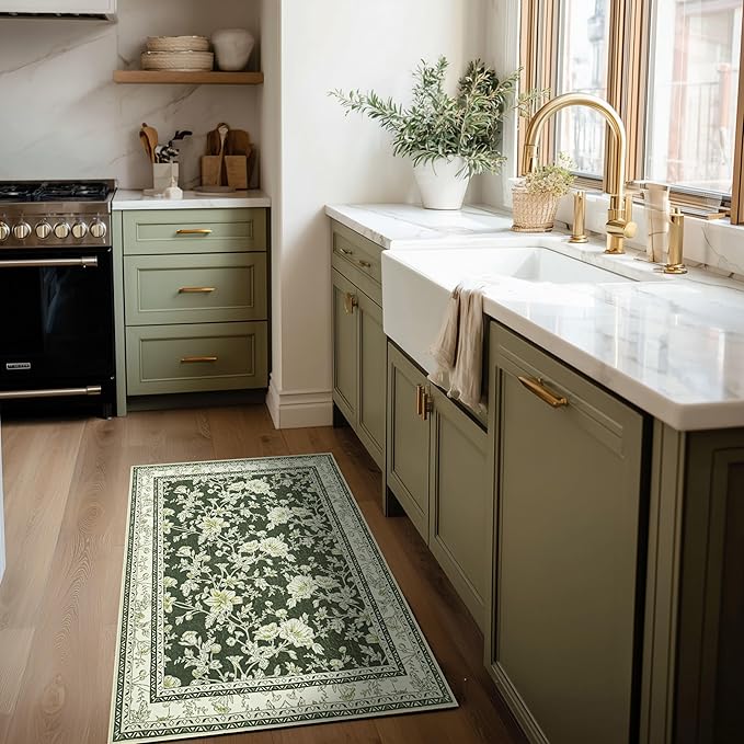 Olive Green Floral Print Area Rugs for Bedroom Living Room Boho Farmhouse Country Rustic Dining Room Carpet Soft Washable Rugs Non Slip Floor Covering for Nursery Playroom 2x3
