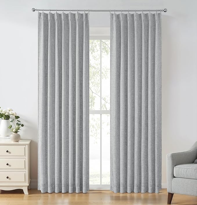 Gray Pinch Pleated Blackout Curtains Linen Texture Noise Reduction Window Treatment Panel 84 Inch with Full Blackout Liner for Bedroom Thermal Insulated Back Tab Drapes with Hooks, 2 Panel, 40"Wx84"L