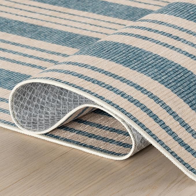 Dash & Albert Talos Blue Machine Washable Rug, Runner-2.5 X 8 Feet, Blue/Ivory Stripe Pattern