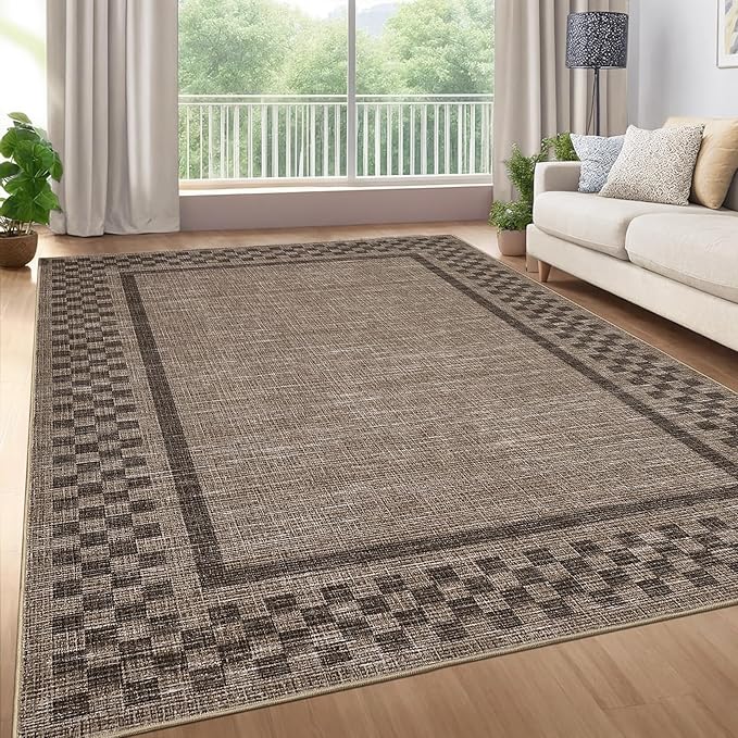 GarveeHome Area Rug 10x13 Living Room Rug Modern Bordered Soft Large Area Rugs for Bedroom Washable Checkered Dining Room Throw Carpet Non Slip Stain Resistant Geometric Rugs for Home Office, Brown