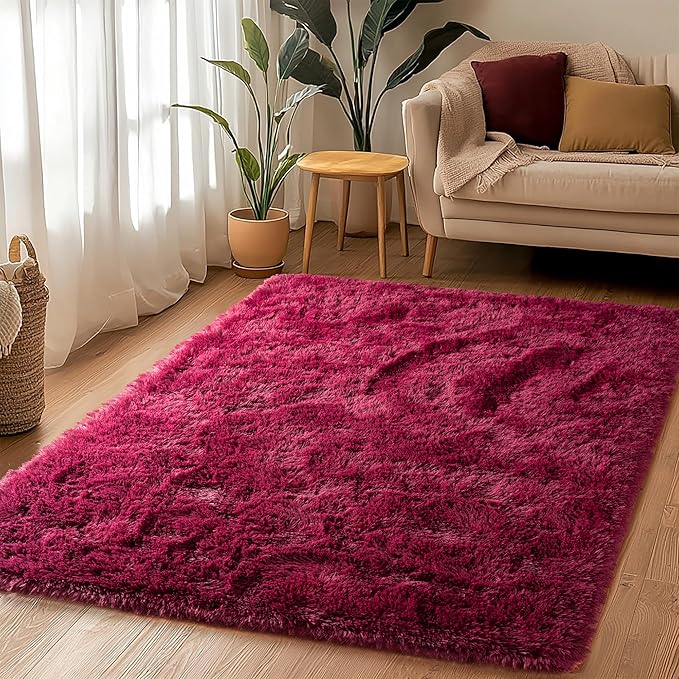 2x6 Rug - Non-Slip Runner for Living Room - Height Pile 1.4" Plush Rug - Throw Rugs Carpet for Bedroom - Burgundy