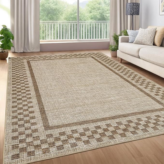 GarveeHome Area Rug 9x12 Living Room Rug Modern Bordered Soft Large Area Rugs for Bedroom Washable Checkered Dining Room Throw Carpet Non Slip Stain Resistant Geometric Rugs for Home Office, Taupe