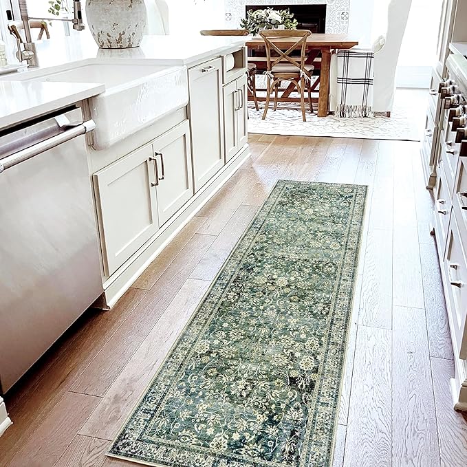 Green Washable Bathroom Hallway Runner Rug with Rubber Backing Non Slip Vintage Boho Floral Long Runners Rugs for Entryway Indoor Laundry Room Bath Floor Kitchen,2x6,24x72 Inch,Dark Emerald