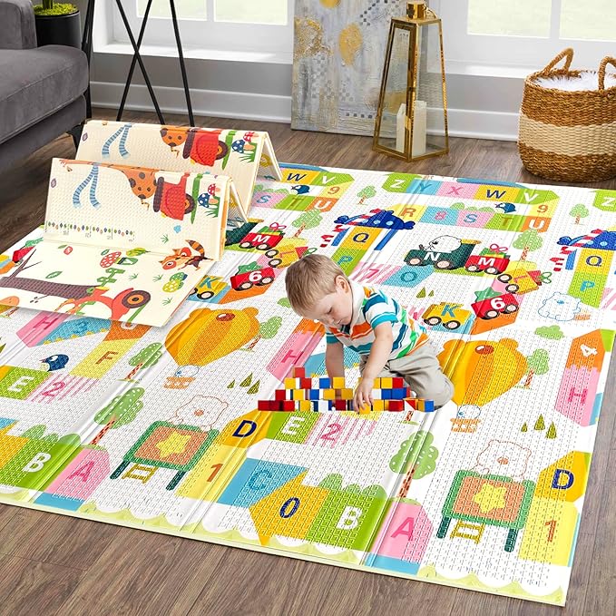 Mergren Baby Playmat - Foam Foldable Crawling Playmats Reversible, Waterproof, Anti-Slip Floor Playing Mats for Infants and Toddlers, Indoor, Outdoor - Extra Large (79"x71")