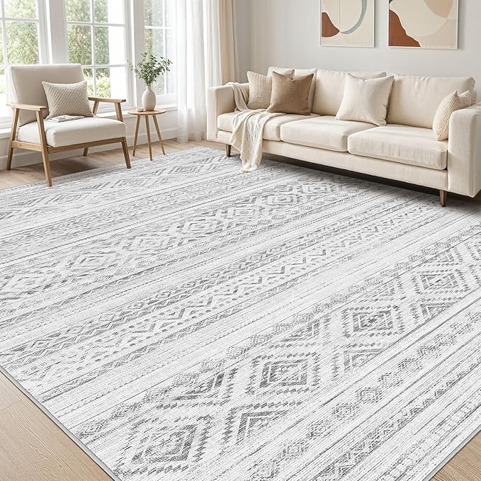 Area Rugs for Living Room Washable Living Room Rug Soft Neutral Indoor Floor Carpet Non-Slip Stain Resistant Modern Boho Rugs for Bedroom Dining Room Kids Room Nursery Office Home Light Grey