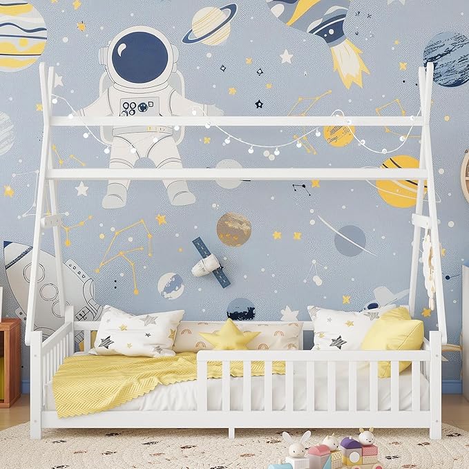 Twin House Bed with Roof & LED Light, Low Profile House Bed with Fence, Safe Guardrails, DIY-Friendly for Boys & Girls, Solid Wood & MDF Construction, No Box Spring Required, White