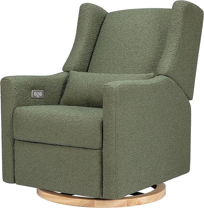 babyletto Kiwi Glider Recliner w/Electronic Control and USB | in Olive Boucle w/Light Wood Base, Greenguard Gold Certified
