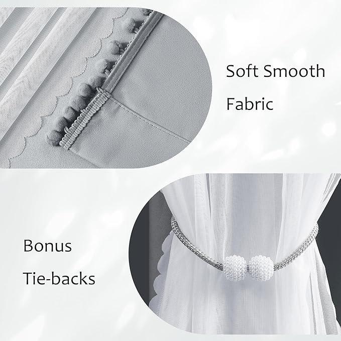 Treatmentex Pom-Pom Blackout Curtains with Sheer Overlay for Living Room Bedroom Kid's Nursery Room, Grey Mix and Match Double Layer Room Darkening Window Curtain Panels with Tie Backs, 2 pcs, 52x84