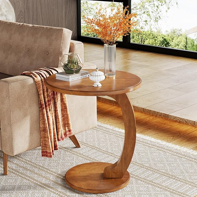Tribesigns Small Round End Table for Living Room, C-Shaped Sofa Side Table for Couch, Retro Boho Bedside Nightstand, Brown