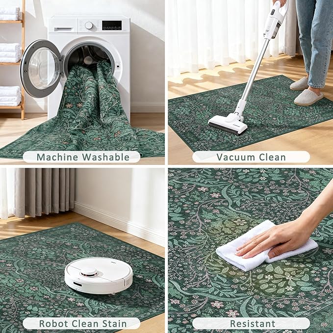 Boho 8x10 Area Rug for Living Room，Floral Washable Rug for Dining Room Entryway Farmhouse Nursery Home Office，Low Pile Stain & Slip Resistant Vintage Large Carpet for Bedroom-Dark Green ﻿