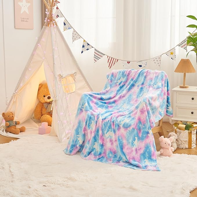 inhand Blue Unicorn Toys Glow in The Dark for Blanket,Unicorn Gifts for Girls Age 1 2 3 4 5 6 7 8 9 10 11 12 13 Birthday Halloween Christmas Cute Soft Room Decor Kids Blanket Blue Rainbow 50"X60"