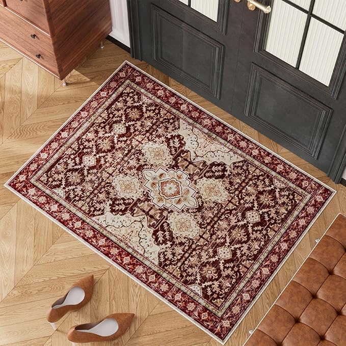 AMTOVO 2x3 Washable Entryway Area Rug Door Mat, Vintage Boho Distressed Print Pattern Non-Slip Carpet, Small Throw Rug for Indoor Entrance Kitchen Bedroom Bathroom Laundry Floor, Vintage Red