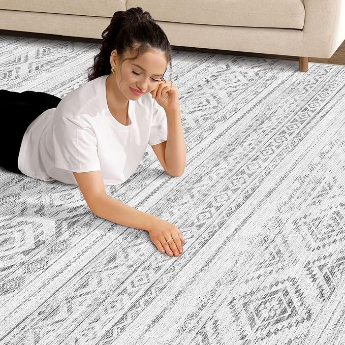 Area Rugs for Living Room Washable Living Room Rug Soft Neutral Indoor Floor Carpet Non-Slip Stain Resistant Modern Boho Rugs for Bedroom Dining Room Kids Room Nursery Office Home Light Grey