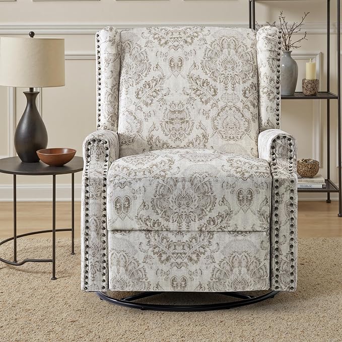 UIXE Swivel Glider Recliner Chair for Adults, High Back Nursery Rocker Living Room Upholstered Armchair in Fabric, Floral Manual Reclining Rivet Trim Single Sofa Reading Seat - Beige