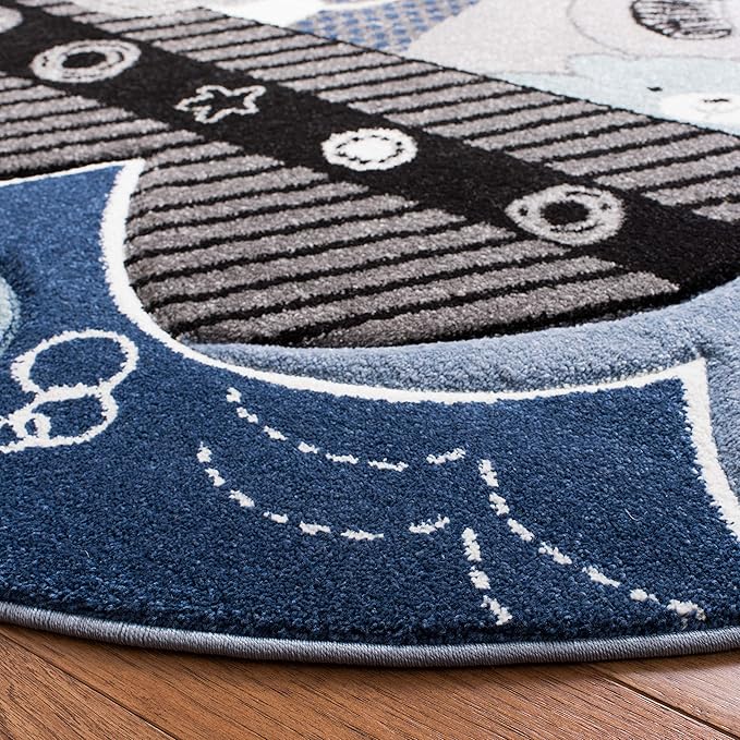 SAFAVIEH Carousel Kids Collection Area Rug - 6'7" Round, Blue & Grey, Animal Design, Non-Shedding & Easy Care, Ideal for High Traffic Areas for Boys & Girls in Playroom, Nursery, Bedroom (CRK121B)