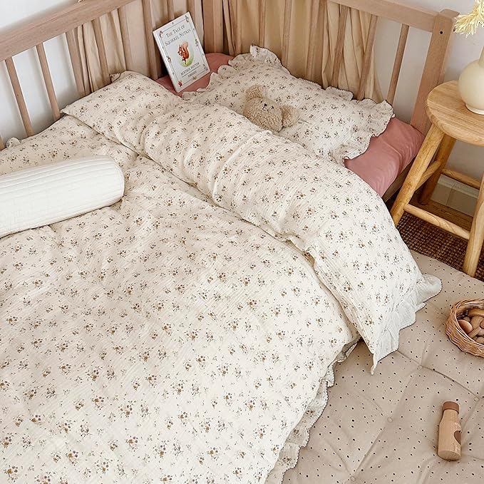 AOJIM Kids Crib Duvet Cover with Colorful Floral Print, 1pc Pure Cotton Baby Muslin Toddler Comforter Cover 47X59'', Ruffled Design Bedding 2-Layer Gauze for Boys Girls, No Quilt or Pillowcases
