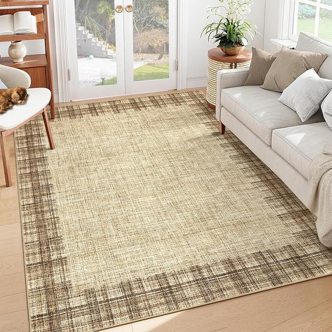 COZYLOOM Washable Area Rug 5x7 Stain Resistant Non-Slip Carpet Vintage Abstract Rug Plush Carpet for Living Room, Bedroom, Family Room, Nursery, Playroom（Natural）