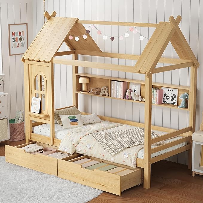 MERITLINE Twin Size House Bed with Storage Drawers & Window, Solid Wood Platform Bed Frame with Shelves, No Spring Box Needed, Childlike Design for Kids, Girls, Boys, Natural
