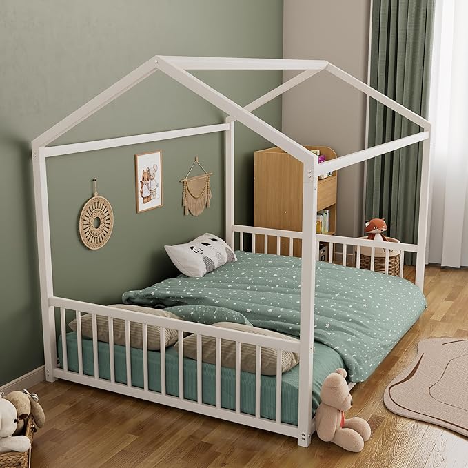 Merax Full Floor Bed Frame, Montessori Style Metal House Shaped Kids Bed with Vertical Safety Guardrails, No Slats, Grounded Design for Kids and Toddlers, Easy Assembly, White
