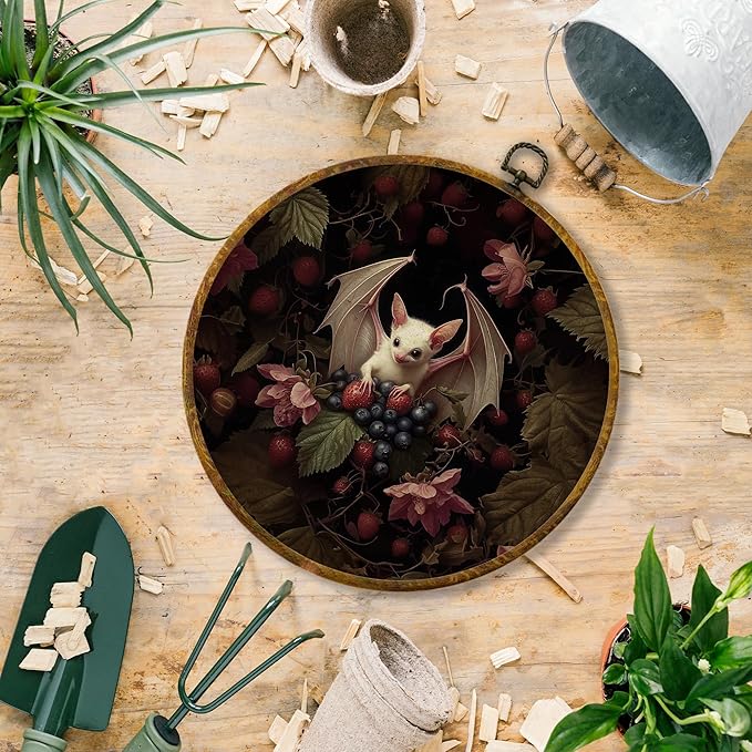 Hiuwevt Vintage Witchy Moody Goth Bat Round Wall Art Decor, Dark Academia Framed Canvas Prints, Gothic Bat Fruit Botanical Round Wall Hanging Decor for Bedroom Home Decorations, 10x10 Inches