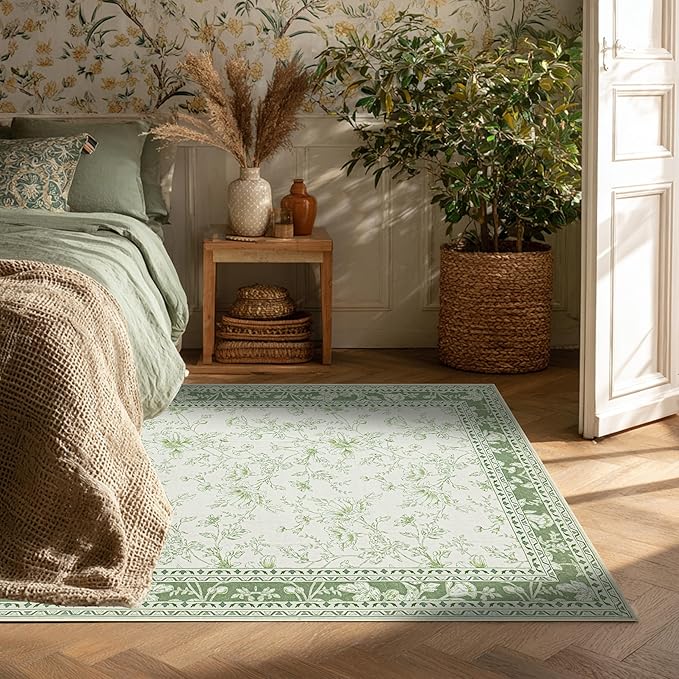 Green and Cream Area Rug 3x5 for Entryway Machine Washable Small Rug for Indoor Kitchen Bedroom Low Pile Vintage Peony Floral Print for Dining Living Room Non-Slip Sage Light Green Boho Decor