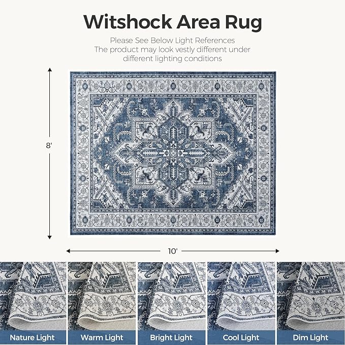WITSHOCK Living Room Area Rugs 8x10: Washable Rug Boho Soft Non-Slip Low Pile Stain Resistant Foldable Carpet for Bedroom Playroom Dining Room Office Kitchen Farmhouse Home Decor Rug-Blue