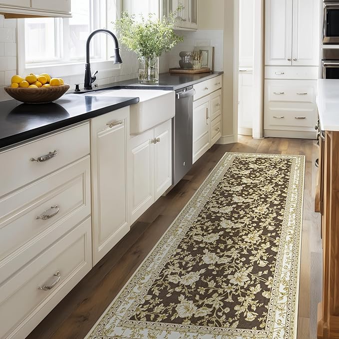 Brown Floral Print Area Rugs for Bedroom Living Room Boho Farmhouse Country Rustic Dining Room Carpet Soft Washable Rugs Non Slip Floor Covering for Nursery Playroom 3x8