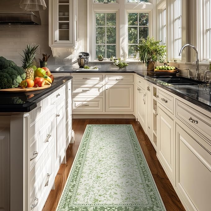 Sage Green Runner Rug 2x6 for Hallways, Non-Slip Washable Kitchen Runner Vintage Boho Farmhouse Floral Sketch Printed Rug Floor Carpet for Laundry Bedroom Entryway Green Cream Beige Flower Design