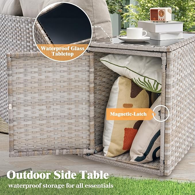 9-Piece Wicker Patio Furniture Set with Swivel Rocking Chairs, Curved Sectional Sofa with Storage Table, All-Weather Outdoor Conversation Set with 6" Armrests, for Backyard/Garden/Deck
