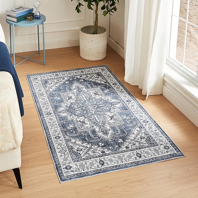 WITSHOCK Living Room Area Rugs 3x5: Washable Rug Boho Soft Non-Slip Low Pile Stain Resistant Foldable Carpet for Bedroom Playroom Dining Room Office Kitchen Farmhouse Home Decor Rug-Blue